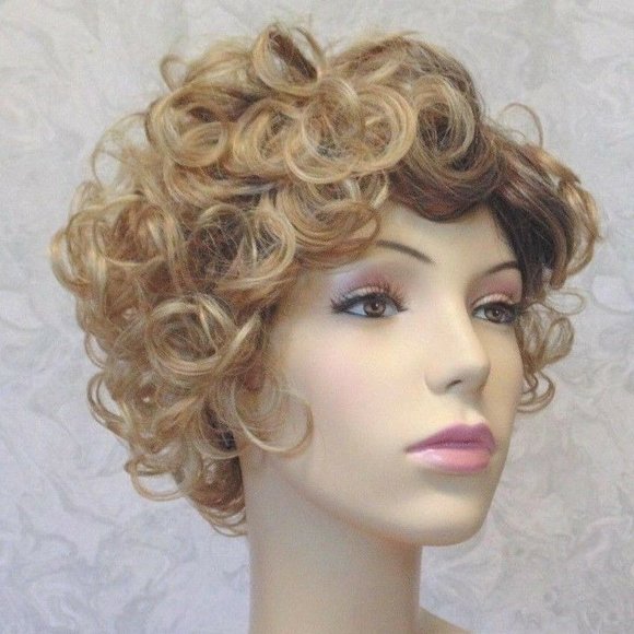 Short Curly Sandy Blonde wDark Roots Synthetic Wig main image 4